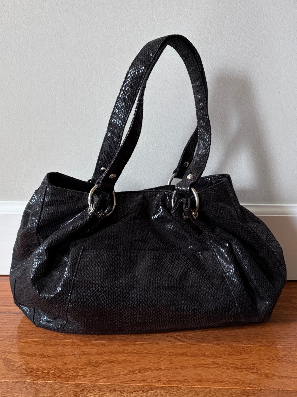 Vintage NYC by Perlina Slouchy Hobo Bag Black Snakeskin Textured Purse Y2K
